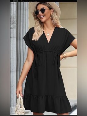 Black V-Neck Mini Dress with Drawstring Waist